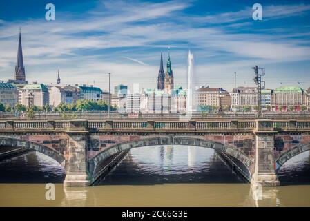 Germany, Hamburg, Alster, City Hall, Church of Saint Nicholas, Inner Alster Lake Stock Photo