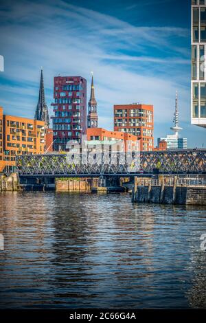 Germany, Hamburg, Port, Elbe River, HafenCity, Magdeburg Bridge Stock Photo