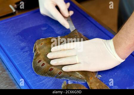 Filleting a plaice step-by-step Stock Photo