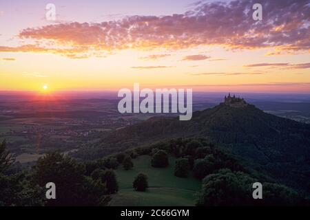 Hohenzollern Castle at sunset, Hechingen, Swabian Jura, Baden-Württemberg, Germany, Stock Photo