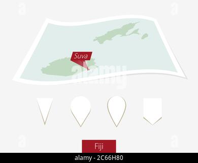 Curved paper map of Fiji with capital Suva on Gray Background. Four different Map pin set. Vector Illustration. Stock Vector
