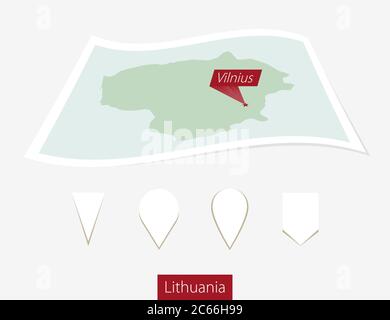 Curved paper map of Lithuania with capital Vilnius on Gray Background. Four different Map pin set. Vector Illustration. Stock Vector