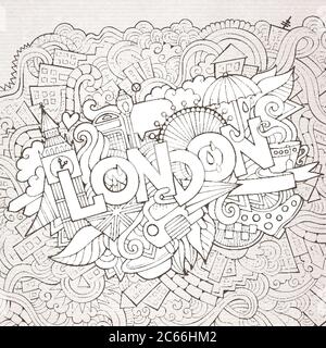 London hand lettering and doodles elements background. Stock Vector