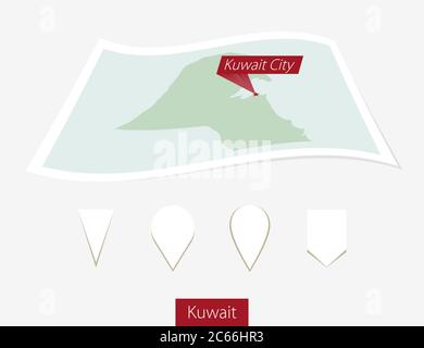 Curved paper map of Kuwait with capital Kuwait City on Gray Background. Four different Map pin set. Vector Illustration. Stock Vector