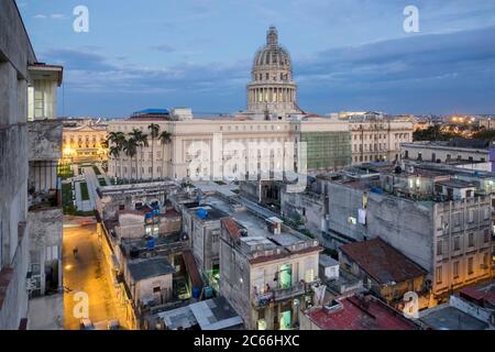 Cuba, Havana, National Capitol Building, from behind, old town, flat roofs at dusk Stock Photo