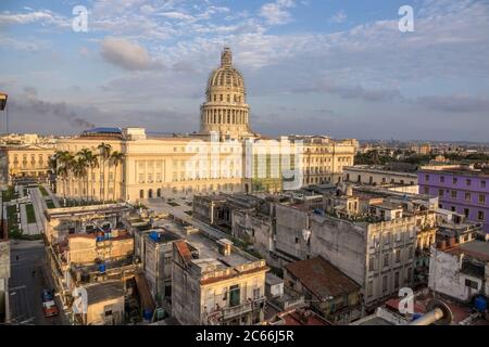 Cuba, Havana, old town and Capitolo, rear view, evening sun Stock Photo