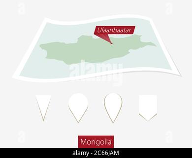 Curved paper map of Mongolia with capital Ulaanbaatar on Gray Background. Four different Map pin set. Vector Illustration. Stock Vector