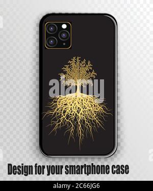 Golden silhouette tree of life on smartphone case print design Stock Vector