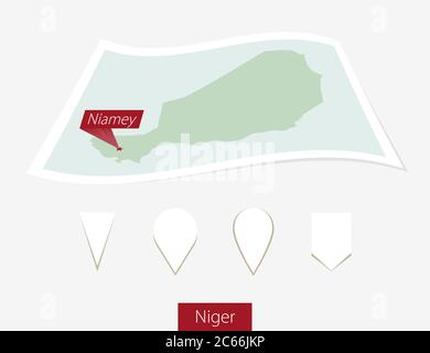 Curved paper map of Niger with capital Niamey on Gray Background. Four different Map pin set. Vector Illustration. Stock Vector