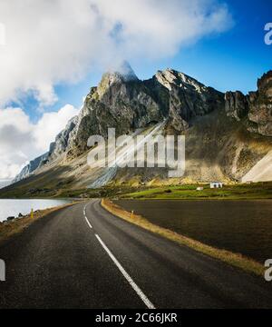 Highway through Iceland Mountains landscape. Hverir sulfuric springs ...