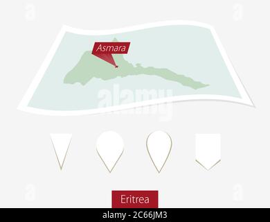 Curved paper map of Eritrea with capital Asmara on Gray Background. Four different Map pin set. Vector Illustration. Stock Vector