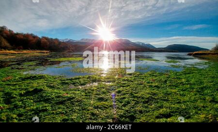 Sun above mountains on the horizon is shining on Puerto Arias in the foreground which is partly covered with green algae, Argentina Stock Photo