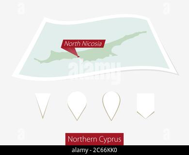 Curved paper map of Northern North Nicosia with capital Tbilisi on Gray Background. Four different Map pin set. Vector Illustration. Stock Vector