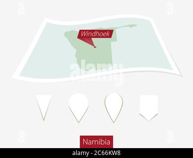 Curved paper map of Namibia with capital Windhoek on Gray Background. Four different Map pin set. Vector Illustration. Stock Vector