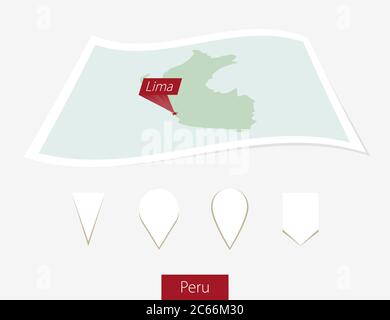 Curved paper map of Peru with capital Lima on Gray Background. Four different Map pin set. Vector Illustration. Stock Vector
