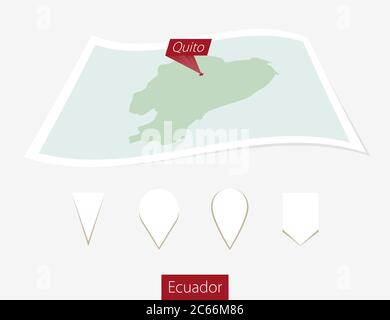 Curved paper map of Ecuador with capital Quito on Gray Background. Four different Map pin set. Vector Illustration. Stock Vector