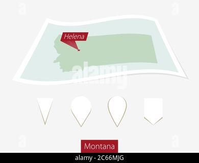 Curved paper map of Montana state with capital Helena on Gray Background. Four different Map pin set. Vector Illustration. Stock Vector