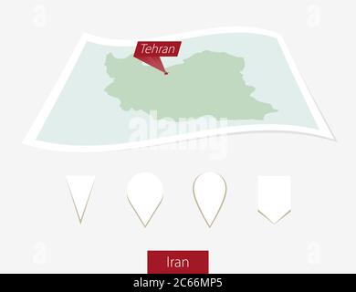Curved paper map of Iran with capital Tehran on Gray Background. Four different Map pin set. Vector Illustration. Stock Vector