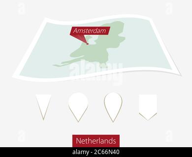 Curved paper map of Netherlands with capital Amsterdam on Gray Background. Four different Map pin set. Vector Illustration. Stock Vector