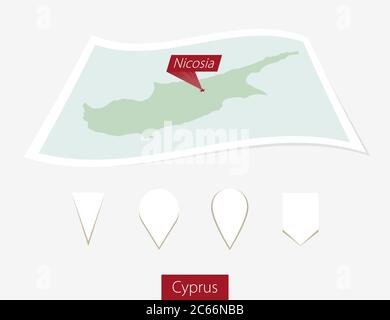 Curved paper map of Cyprus with capital Nicosia on Gray Background. Four different Map pin set. Vector Illustration. Stock Vector