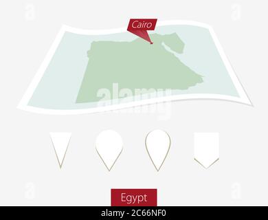 Curved paper map of Egypt with capital Cairo on Gray Background. Four different Map pin set. Vector Illustration. Stock Vector