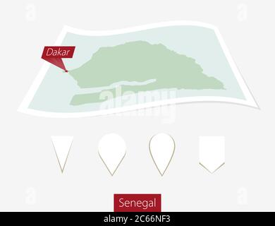 Curved paper map of Senegal with capital Dakar on Gray Background. Four different Map pin set. Vector Illustration. Stock Vector