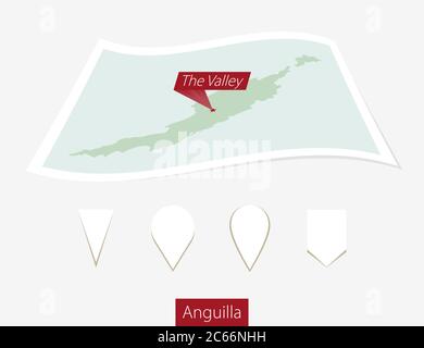 Curved paper map of Anguilla with capital The Valley on Gray Background. Four different Map pin set. Vector Illustration. Stock Vector