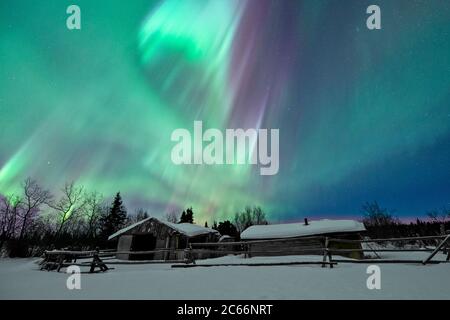 Northern lights dancing in the sky over an old farm, Yukon Territory, Canada Stock Photo