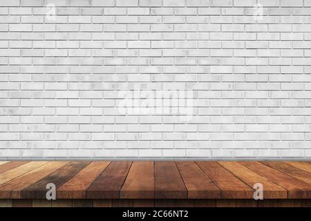 Empty wood table over white brick wall background, product montage display background Stock Photo