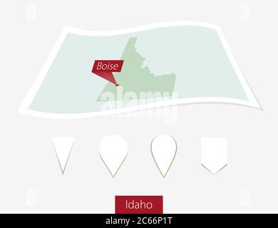 Curved paper map of Idaho state with capital Boise on Gray Background. Four different Map pin set. Vector Illustration. Stock Vector