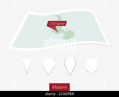 Curved paper map of Malawi with capital Lilongwe on Gray Background. Four different Map pin set. Vector Illustration. Stock Vector