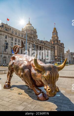 China, Shanghai City, The Bund area, Shanghai Stock exchange, bull sculpture Stock Photo