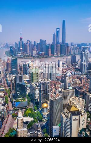 China, Shanghai City, Nanjin Lu, Pudong District, Lujiazui Area, Jin Mao Building, World Financial Center and Shanghai Tower, Stock Photo