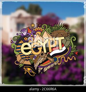 Egypt hand lettering and doodles elements background. Vector blurried illustration Stock Vector
