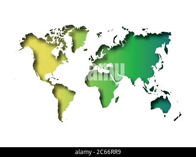 Map of World cut into paper with inner shadow isolated on green gradient background. Vector illustration with 3D effect. Stock Vector