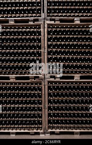 Hundreds of bottles of wine in a winery of the denomination of origin Ribera del Duero in Valladolid Spain Europe Stock Photo