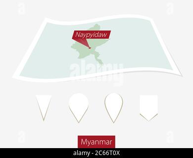 Curved paper map of Myanmar with capital Naypyidaw on Gray Background. Four different Map pin set. Vector Illustration. Stock Vector