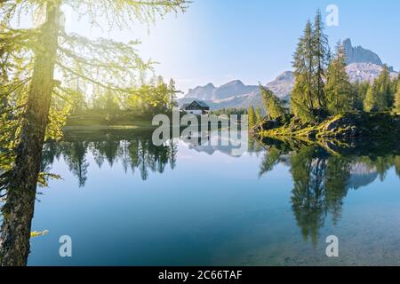 Sunrise at Lake Federa in summer time, on the background the Becco di ...