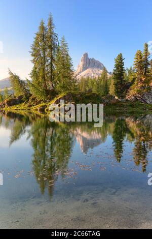 Sunrise at Lake Federa in summer time, on the background the Becco di ...