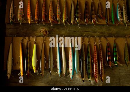 Colorful fishing lures hanging on a shelf along with a fishing