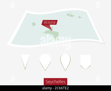 Curved paper map of Seychelles with capital Victoria on Gray Background. Four different Map pin set. Vector Illustration. Stock Vector