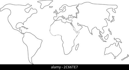 World map divided to six continents in black - North America, South America, Africa, Europe, Asia and Australia Oceania. Simplified black outline of blank vector map without labels. Stock Vector