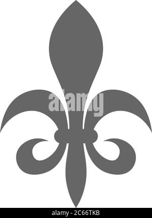 The fleur-de-lis or flower-de-luce sign of lily used as decorative design or symbol in heraldry. Simple elegant flat vector grey illustration on white background. Stock Vector