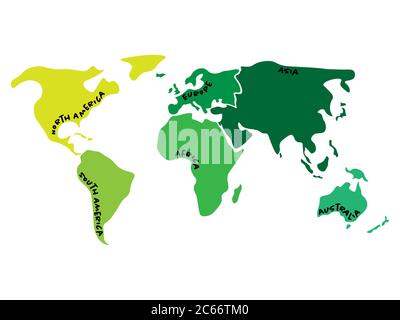 Multicolored world map divided to six continents in different colors - North America, South America, Africa, Europe, Asia and Australia Oceania. Simplified silhouette blank vector map with labels. Stock Vector