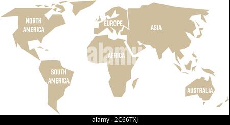 Simplified beige silhouette of world map divided to six continents. Simple flat vector illustration on white background. Stock Vector
