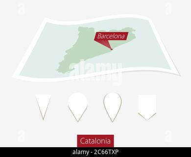 Curved paper map of Catalonia with capital Barcelona on Gray Background. Four different Map pin set. Vector Illustration. Stock Vector