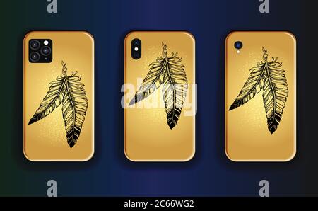 Golden gradient and black feather silhouette - stylish print design for smartphone case. Stock Vector