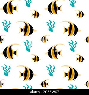Moorish idol fish with seaweed seamless pattern on white background. Exotic underwater creature and laminaria. Flat vector illustration. Stock Vector