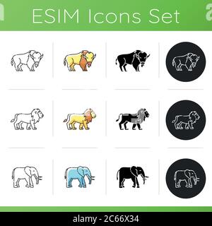 Domestic and wild animals icons set. Linear, black and RGB color styles. American bison, african elephant and lion. African and north american wildlif Stock Vector