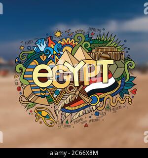 Egypt hand lettering and doodles elements background. Vector blurried illustration Stock Vector